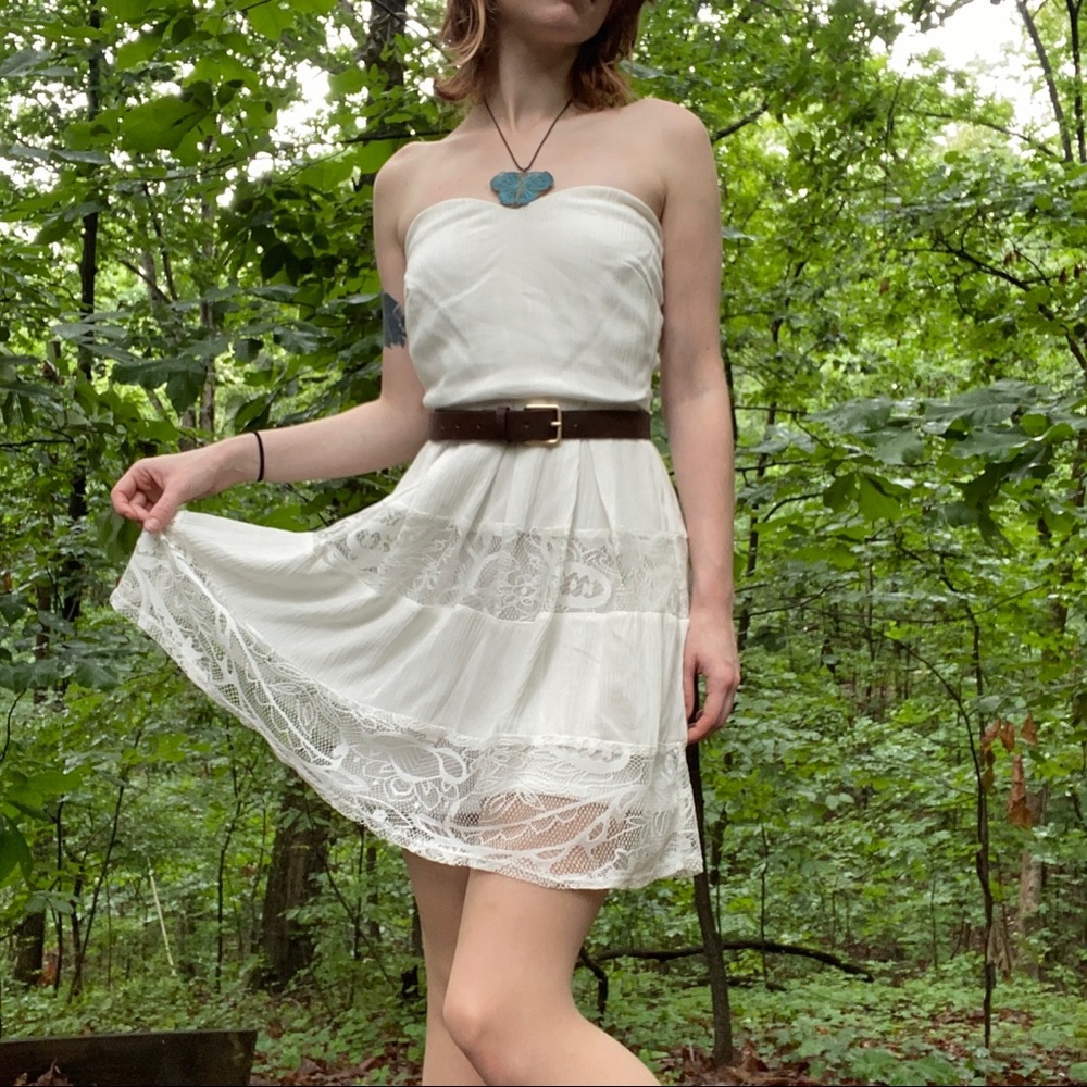 Charlotte Russe White Fairy Cottagecore Strapless Lace Tiered Mini Dress Sz XS